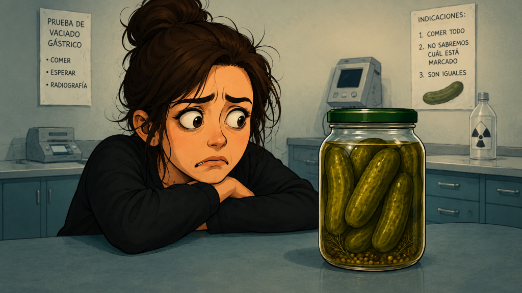 Mujer mirando con aprensión bote pepinillos en vinagre.