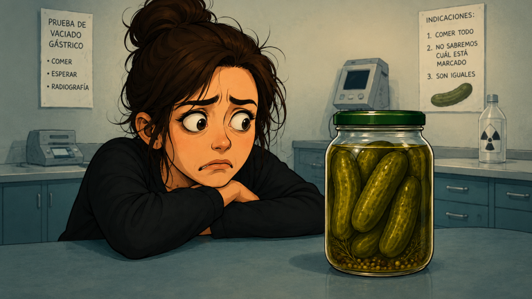 Mujer mirando con aprensión bote pepinillos en vinagre.